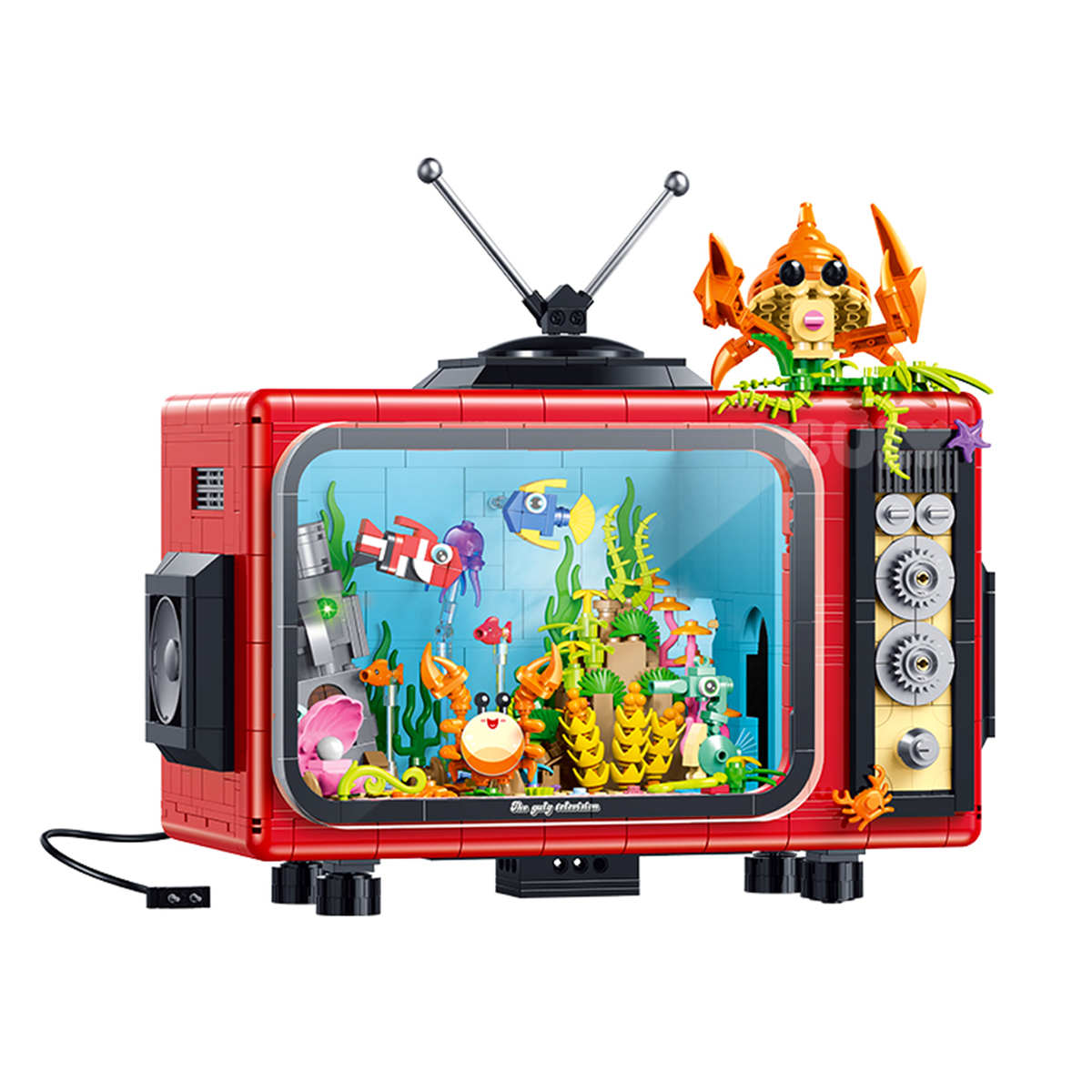 BR60518 retro TV aquarium building kit, 1718 pcs: motorized cruising fish, LED flow lights, mist effect & speaker. Age 14+.