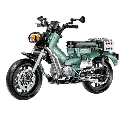 BR60527 1:8 retro trail motorcycle kit, 577 pcs: see-through moving-piston engine, working suspension & drive chain. Sage green, static adult collectible.