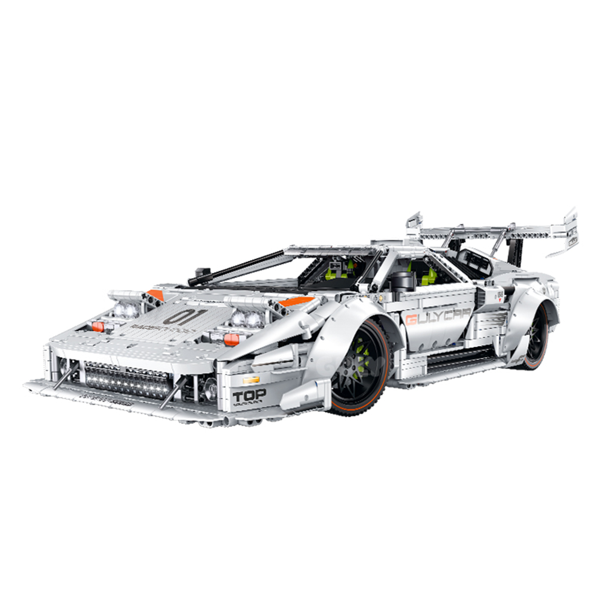 A 3,970-piece 1:8 silver-white retro widebody race car with pop-up flip lights, butterfly doors and a simulated engine.RC-upgradeable with steam spray. 14+.