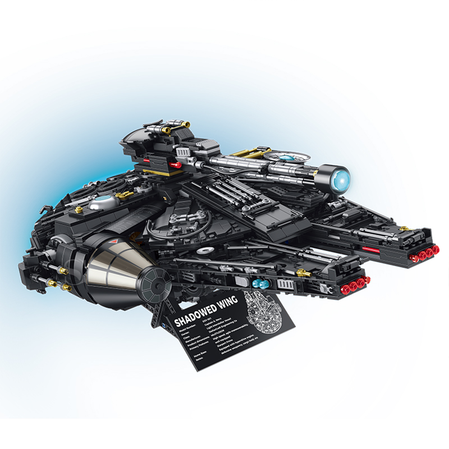 BR60529 sci-fi freighter starship kit, 2505 pcs: adjustable landing chassis, 360° rotating turret & removable engine bay. Static, motor-upgrade-ready.