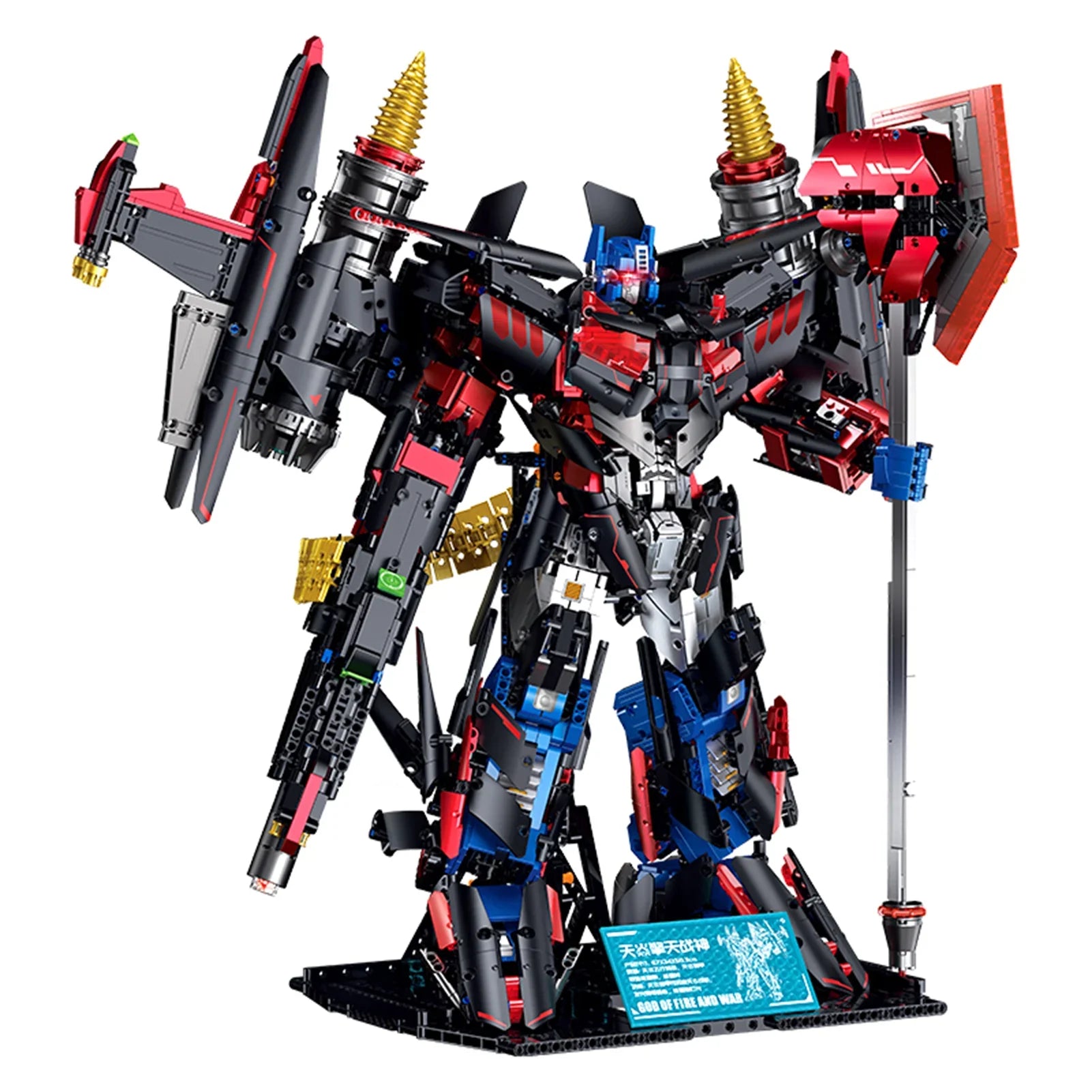 A 4,002-piece transforming mecha that rebuilds from a giant war robot into an SR fighter jet. Electroplated armour, light-up chest core, full articulation.