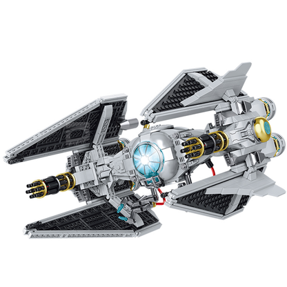 BR98001 1109-pc space interceptor starfighter kit: angular wings, spherical cockpit, rotary cannon, display stand. Static, upgrade-ready. Adult collectible.