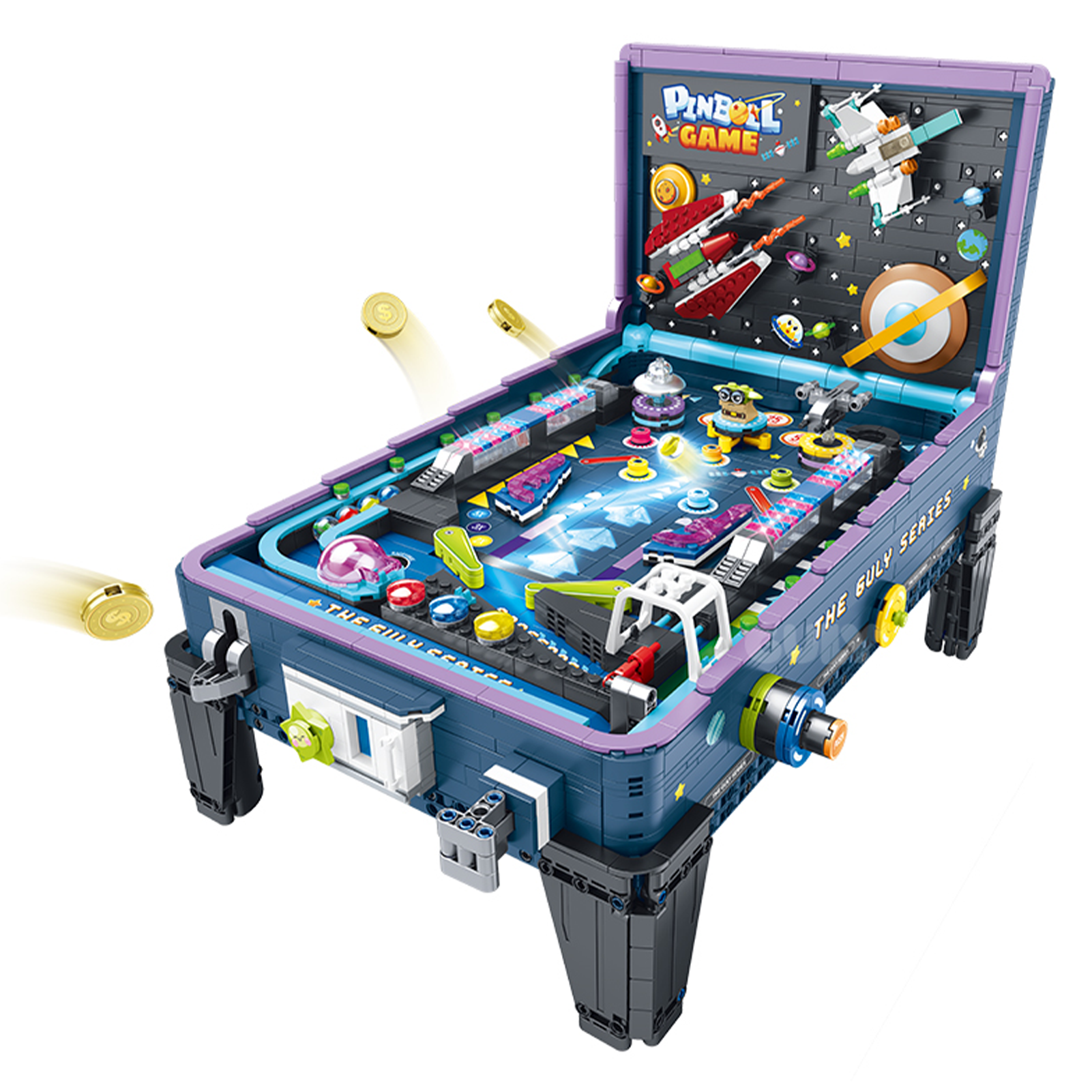 BR60526 space pinball arcade table kit, 2309 pcs: playable lever launch, flippers, rolling LED marquee lights & music box. Age 14+.