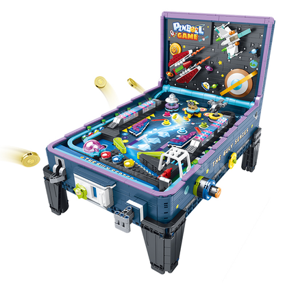 BR60526 space pinball arcade table kit, 2309 pcs: playable lever launch, flippers, rolling LED marquee lights & music box. Age 14+.