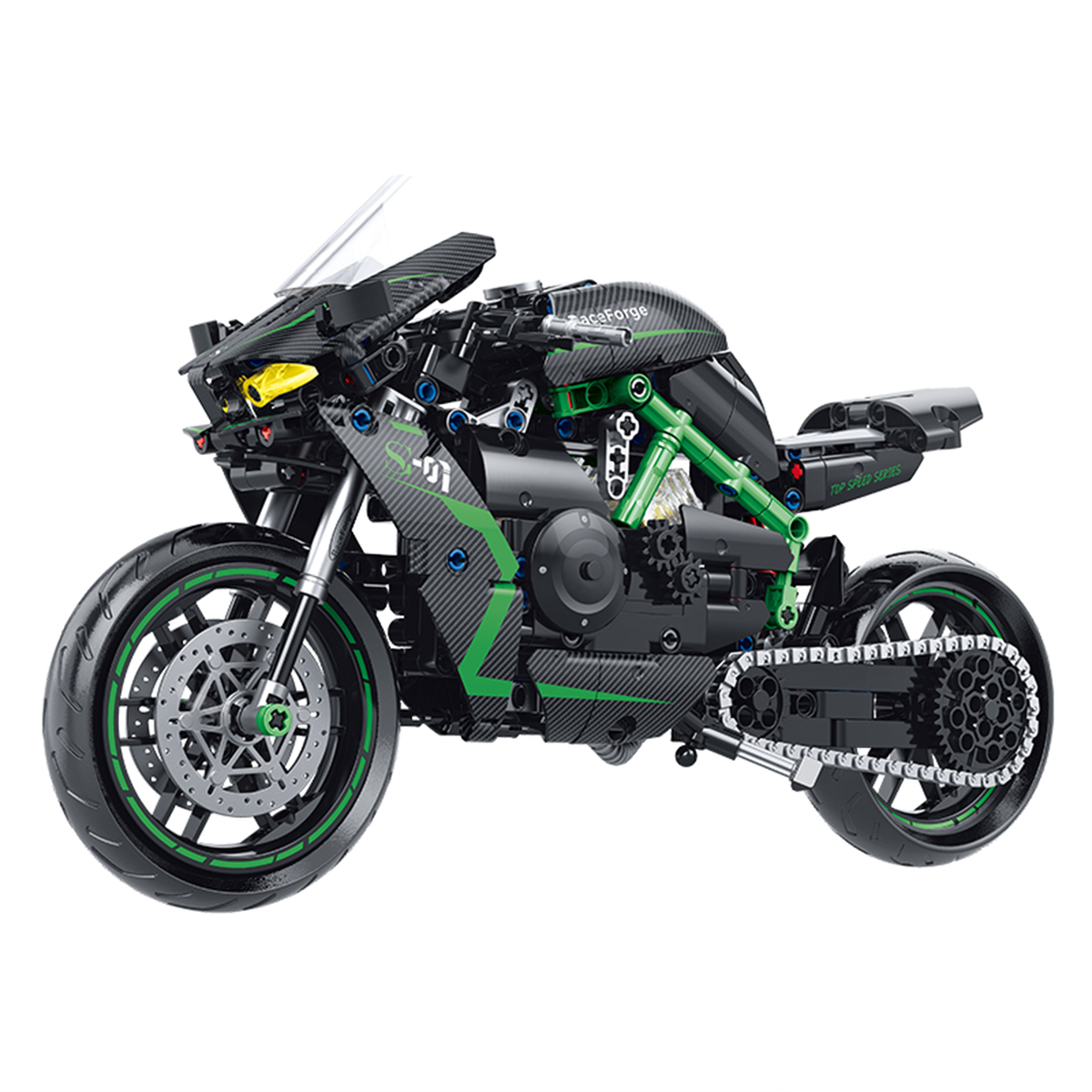 BR60532 1:8 sport superbike kit, 511 pcs: aerodynamic fairing, drive chain, working suspension. Static adult collectible for desk display & gifting.