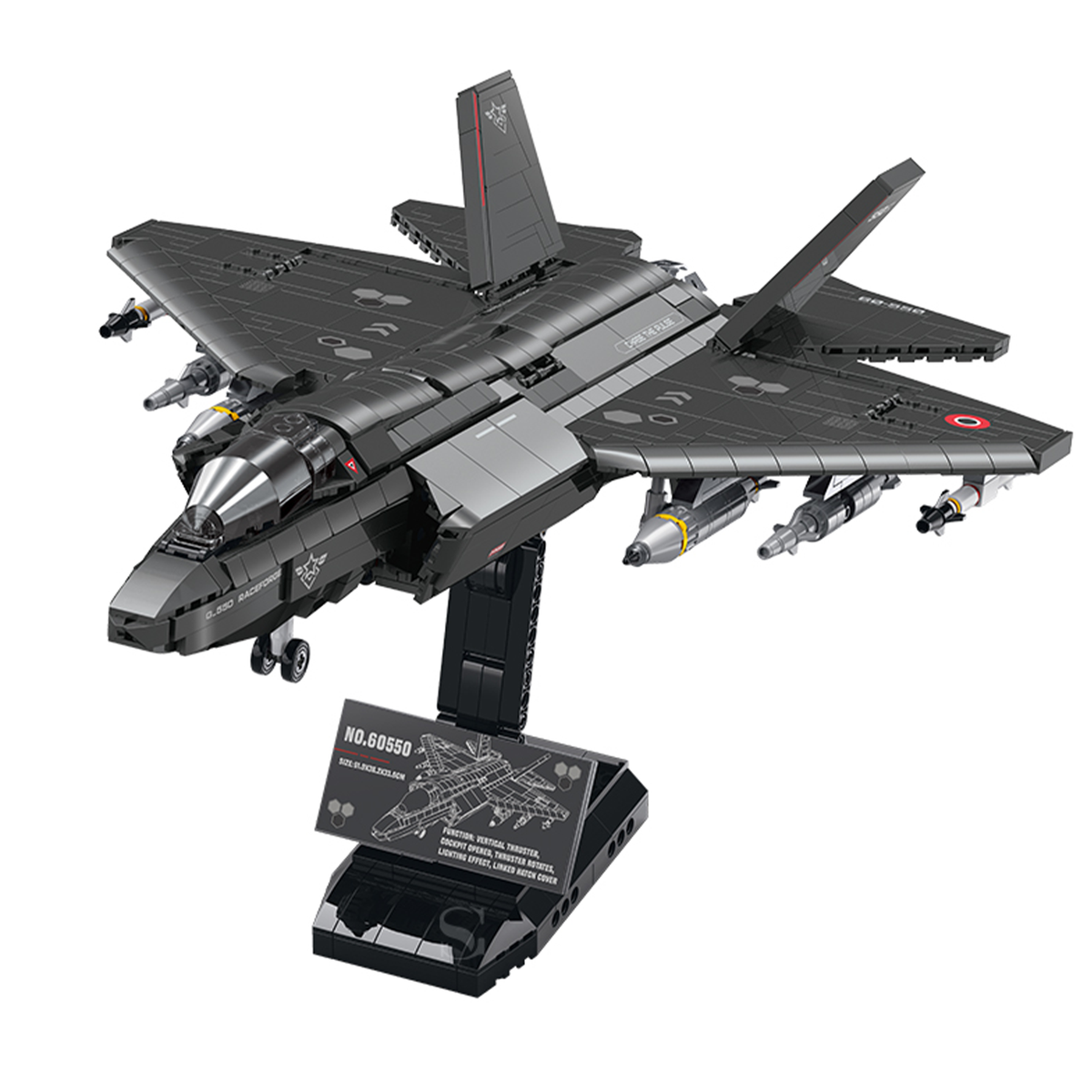 BR60550 1198-pc stealth fighter jet kit: matte grey airframe, openable cockpit, display stand & nameplate. Static base, upgrade-ready. Adult collectible.
