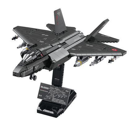 BR60550 1198-pc stealth fighter jet kit: matte grey airframe, openable cockpit, display stand & nameplate. Static base, upgrade-ready. Adult collectible.