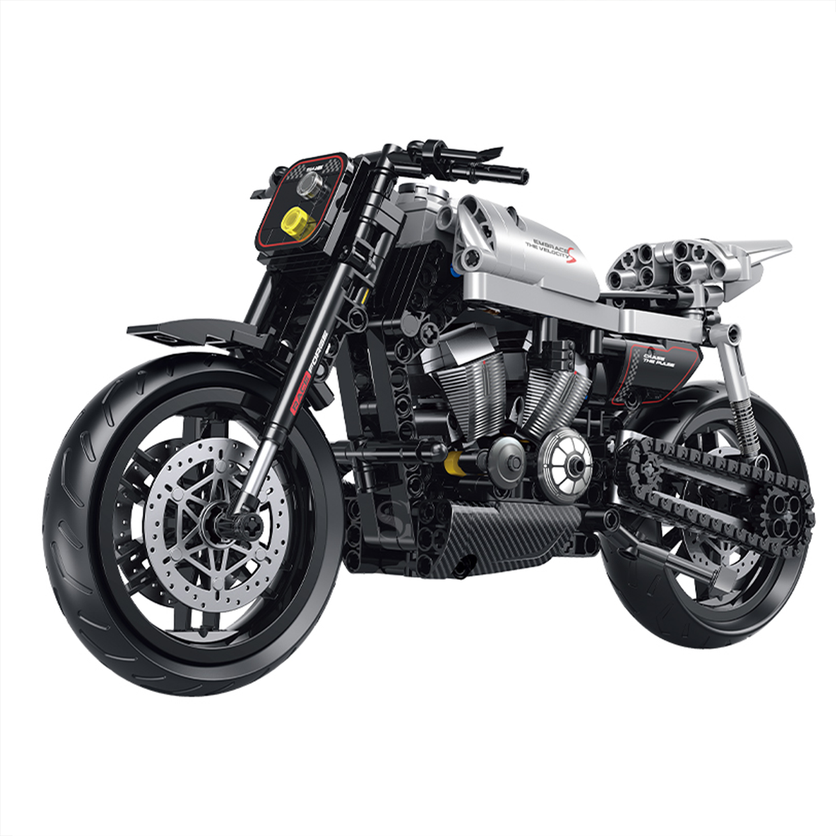 BR60545 1:8 street tracker motorcycle kit, 533 pcs: big see-through piston engine, chain drive, working suspension. Static adult collectible.