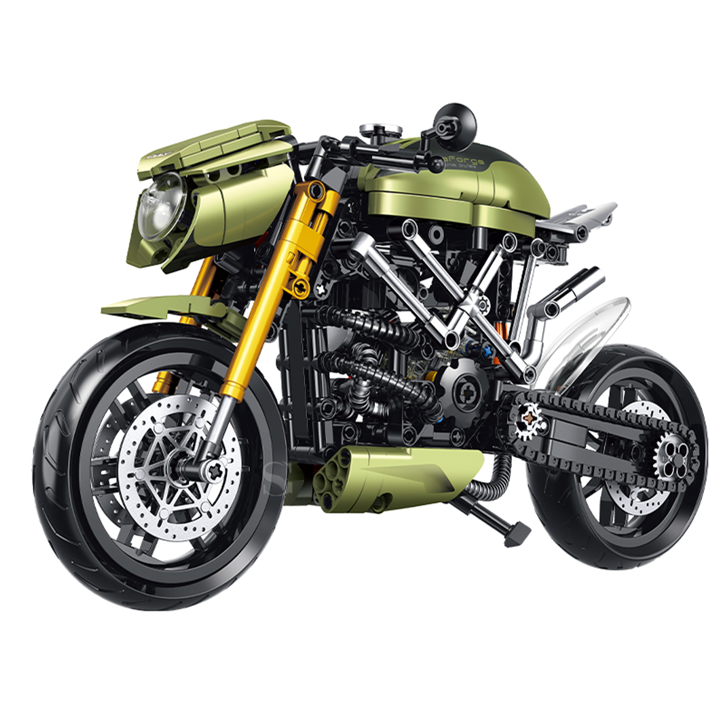 BR60547 1:8 streetfighter motorcycle kit, 533 pcs: fully exposed piston engine, gold forks, chain drive. Static adult collectible.