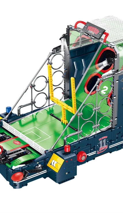 Construct this desktop American football stadium with 2272 building bricks. It features spring launch buttons, adjustable motorized goalposts, dual-player manual scoring, controllable LED lighting and vivid match audio. Designed for users aged 14+, ideal for competitive two-player matches, holiday gifting and desktop decoration.