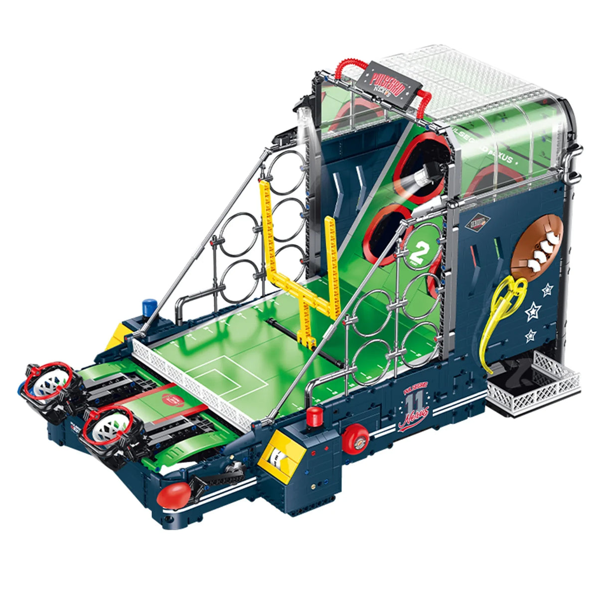 Construct this desktop American football stadium with 2272 building bricks. It features spring launch buttons, adjustable motorized goalposts, dual-player manual scoring, controllable LED lighting and vivid match audio. Designed for users aged 14+, ideal for competitive two-player matches, holiday gifting and desktop decoration.