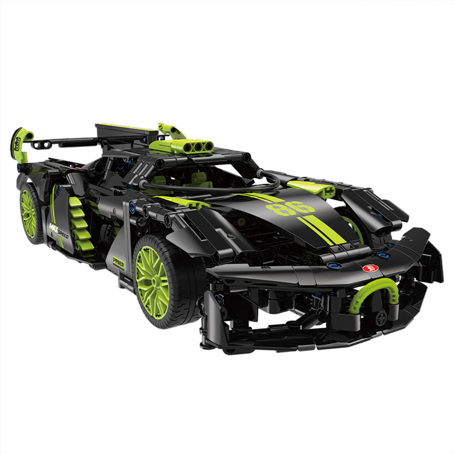 BR60511 1:14 track hypercar kit, 910 pcs: opening body panels, butterfly doors & detailed cockpit. Gloss black-lime, static & RC-upgrade-ready collectible.