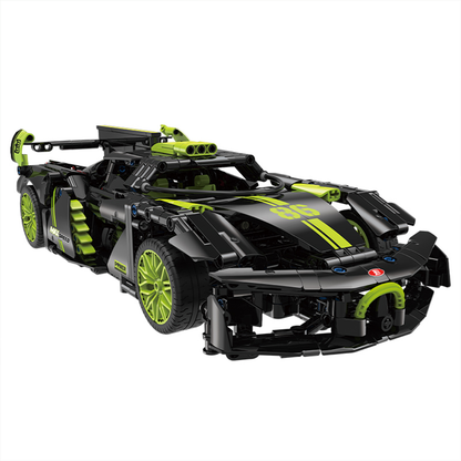 BR60511 1:14 track hypercar kit, 910 pcs: opening body panels, butterfly doors & detailed cockpit. Gloss black-lime, static & RC-upgrade-ready collectible.