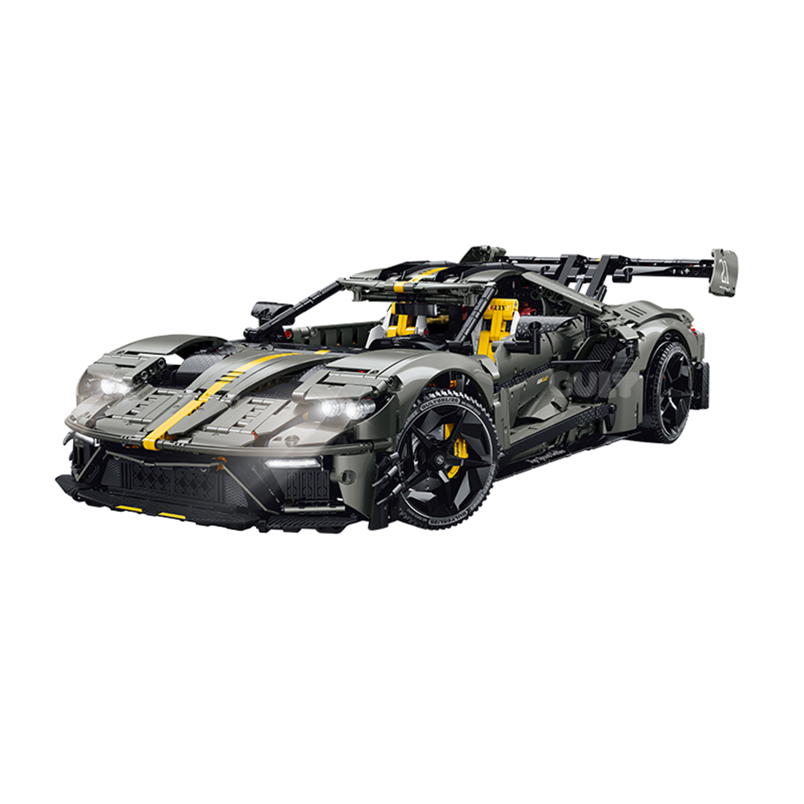 A 3,402-piece 1:8 armour-grey track hypercar with a yellow racing stripe, butterfly doors and a simulated engine. Static display, RC-upgradeable mist spray. 14+