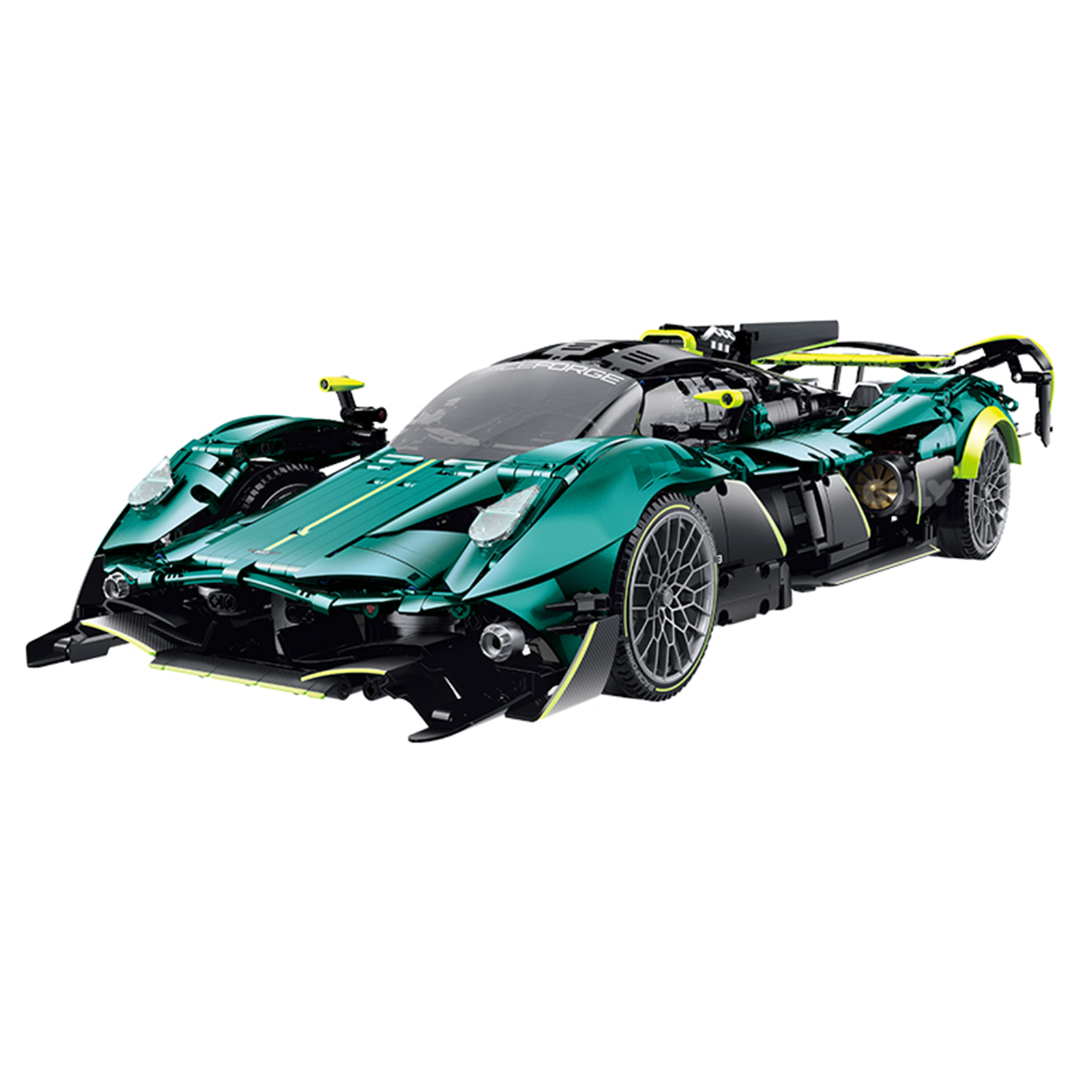 A 3,328-piece 1:8 emerald-green hypercar with lime accents, gull-wing doors, spinning intake fans and a simulated engine. Static, RC-upgradeable steam spray. 14+.