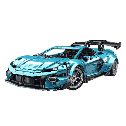 A 3,601-piece 1:8 electroplated lake-blue hypercar with a 3-speed gearbox, gull-wing doors and simulated engine. Static, RC-upgradeable steam spray. 14+.
