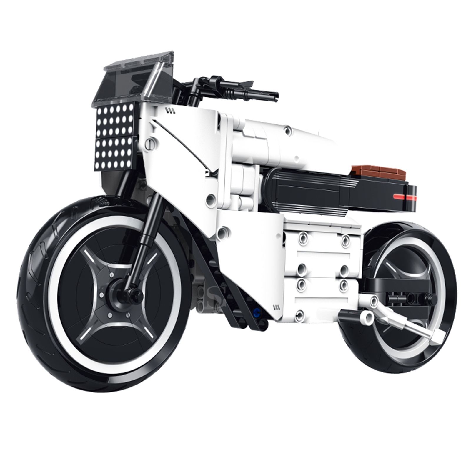 BR60539 1:8 urban roadster motorcycle kit, 517 pcs: white & black, drive chain, yellow spring suspension. Static adult collectible.