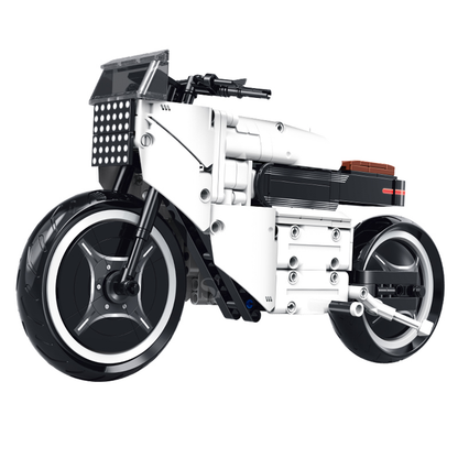 BR60539 1:8 urban roadster motorcycle kit, 517 pcs: white & black, drive chain, yellow spring suspension. Static adult collectible.