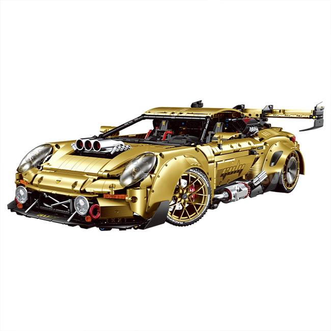 A 3,824-piece 1:8 mirror-gold widebody GT supercar with a battle/track switchable body and simulated engine.  RC-upgradeable with steam spray. Collectible, 14+