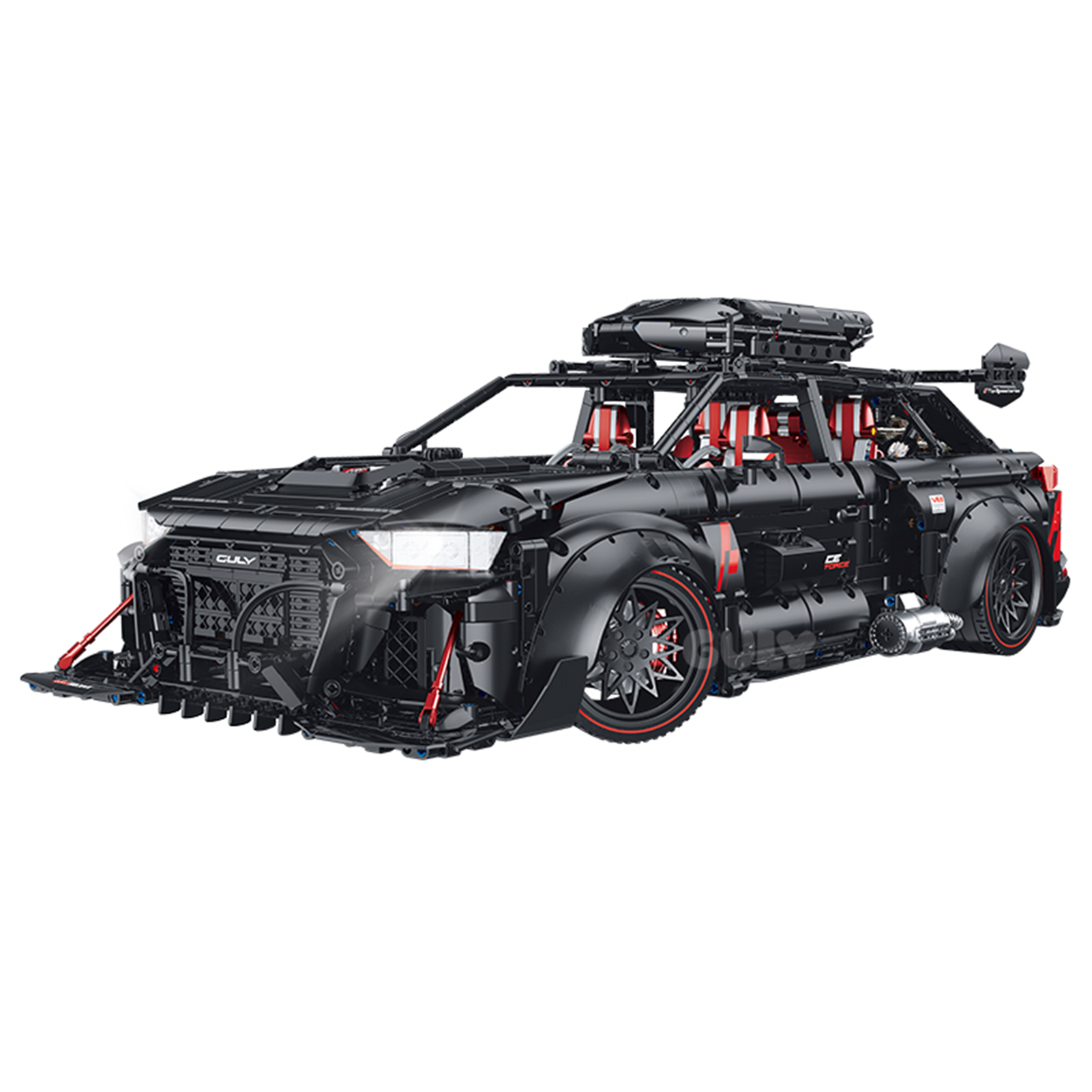 A big 4,189-piece 1:8 matte-black widebody wagon with quad exhausts, roof box and simulated engine. Static display, RC-upgradeable doors, tailgate & lights. 