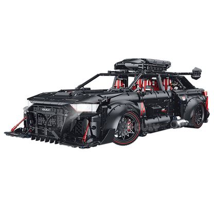 A big 4,189-piece 1:8 matte-black widebody wagon with quad exhausts, roof box and simulated engine. Static display, RC-upgradeable doors, tailgate & lights. 