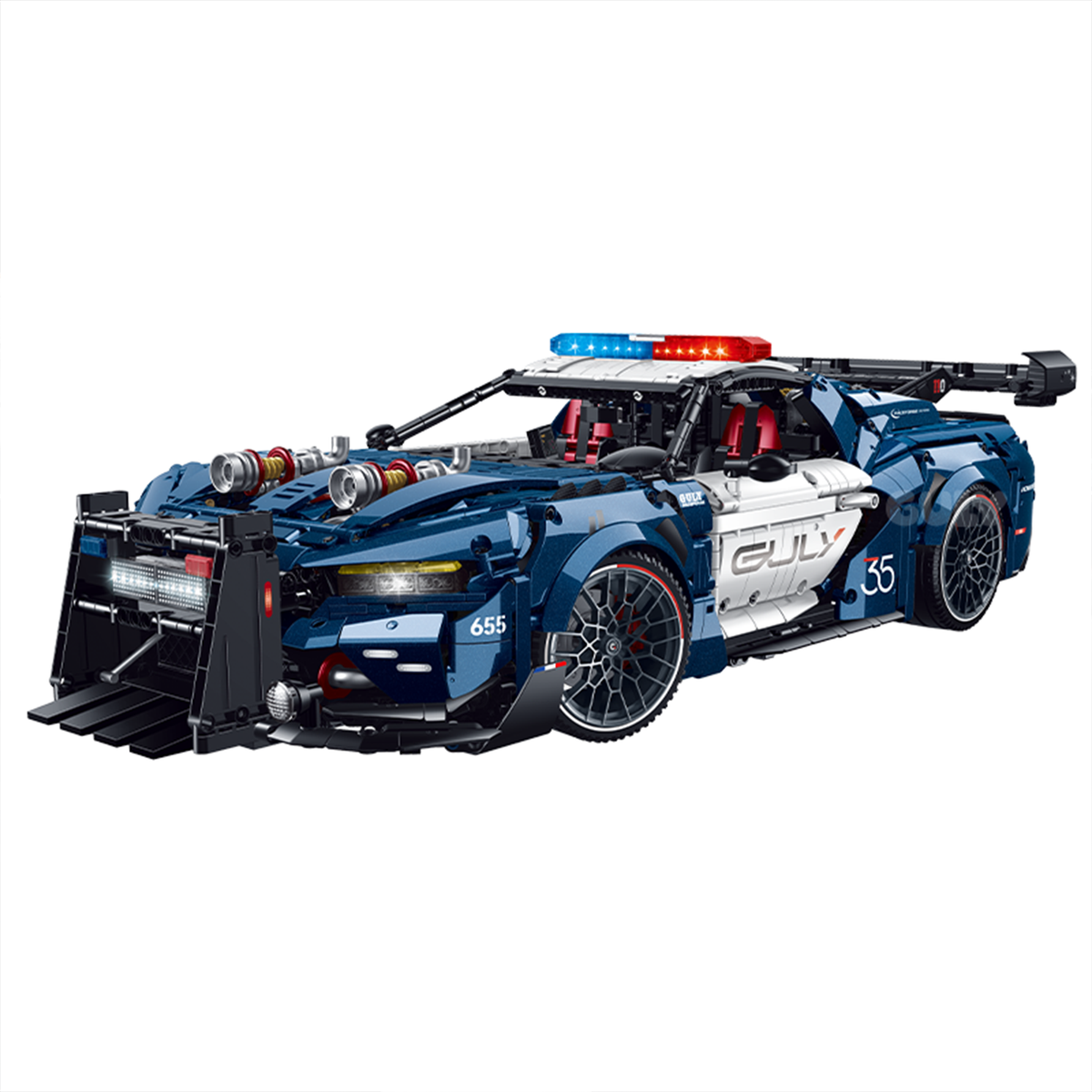 A 3,975-piece 1:8 Neptune-blue widebody police-style supercar with a red/blue light bar, butterfly doors and a twin-turbo engine. Static, RC-upgradeable. 14+.
