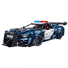 A 3,975-piece 1:8 Neptune-blue widebody police-style supercar with a red/blue light bar, butterfly doors and a twin-turbo engine. Static, RC-upgradeable. 14+.