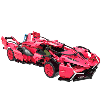 BR60510 1:14 widebody track supercar kit, 852 pcs: scissor doors, detailed cockpit & simulated engine bay. Glossy pink, static & RC-upgrade-ready collectible.