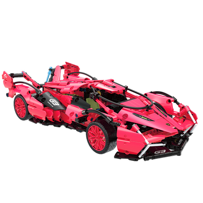 BR60510 1:14 widebody track supercar kit, 852 pcs: scissor doors, detailed cockpit & simulated engine bay. Glossy pink, static & RC-upgrade-ready collectible.