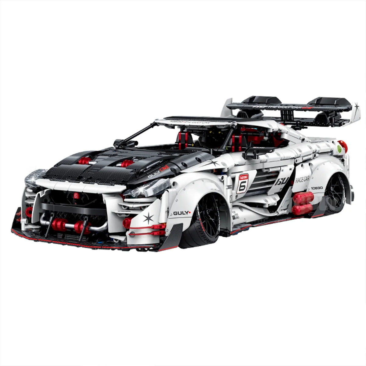 A 3,939-piece 1:8 widebody racing car in white, black & red with linkage steering and adjustable wing. Static display, RC-upgradeable with steam smoke.14+.