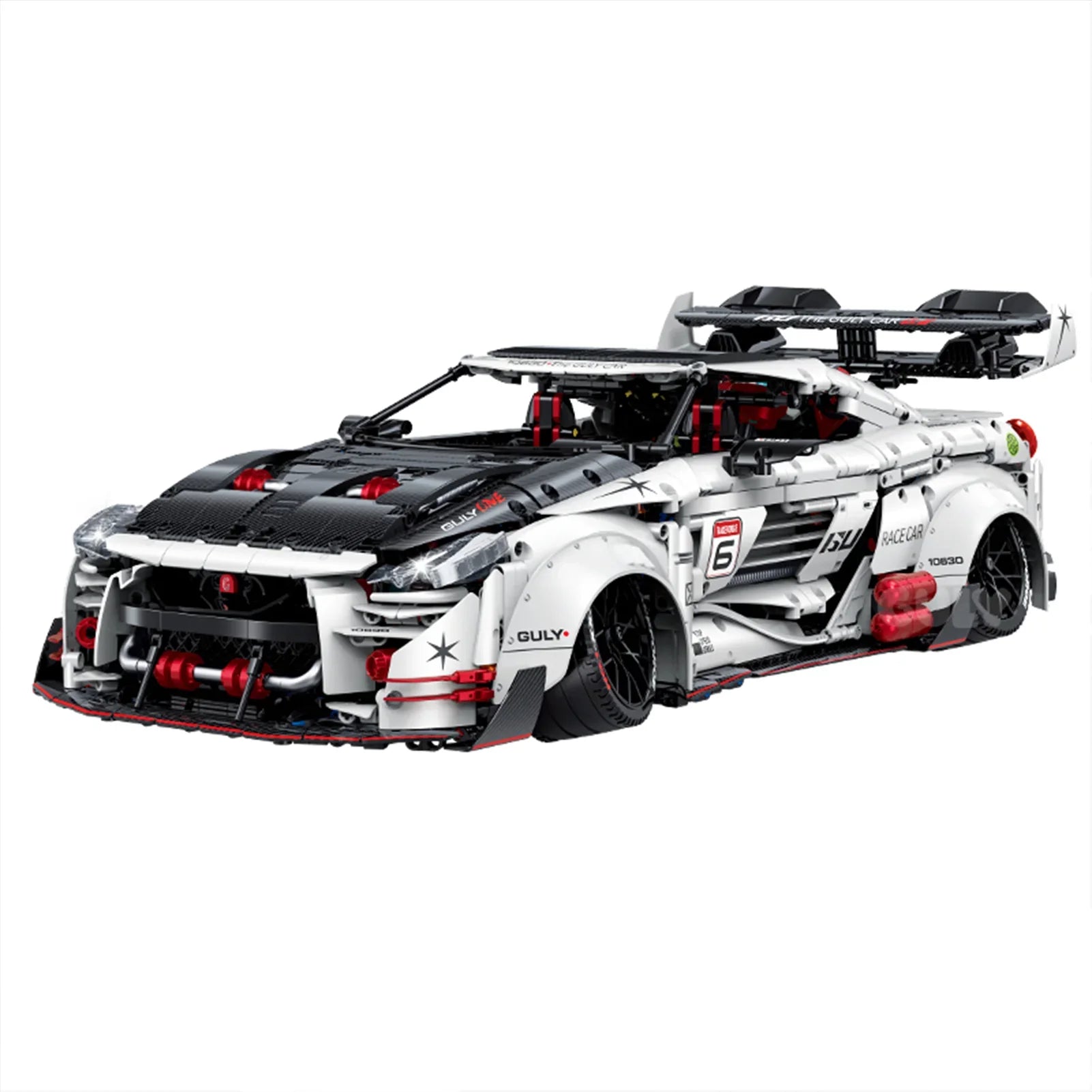 A 3,939-piece 1:8 widebody racing car in white, black & red with linkage steering and adjustable wing. Static display, RC-upgradeable with steam smoke.14+.