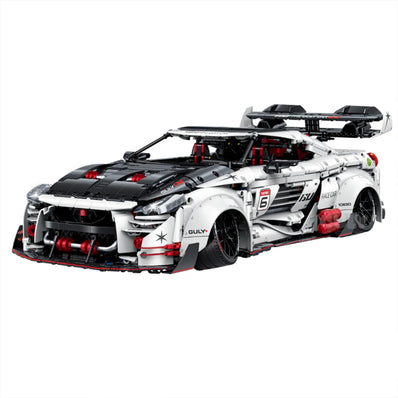 A 3,939-piece 1:8 widebody racing car in white, black & red with linkage steering and adjustable wing. Static display, RC-upgradeable with steam smoke.14+.