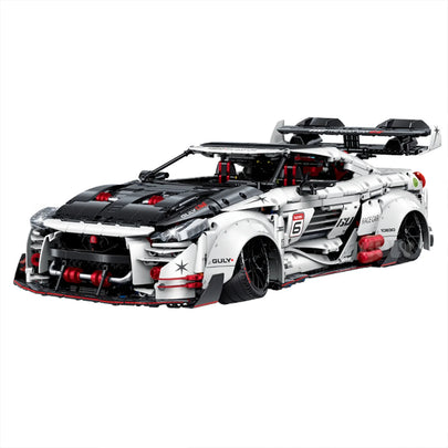 A 3,939-piece 1:8 widebody racing car in white, black & red with linkage steering and adjustable wing. Static display, RC-upgradeable with steam smoke.14+.
