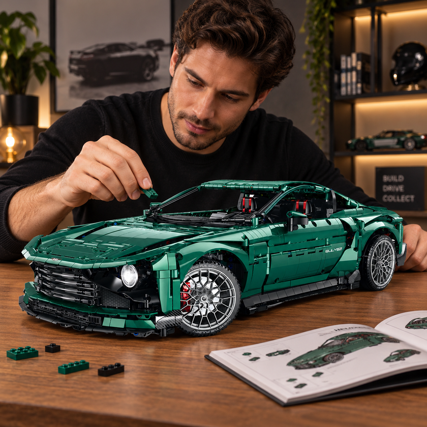 Racing green GT supercar brick model side view