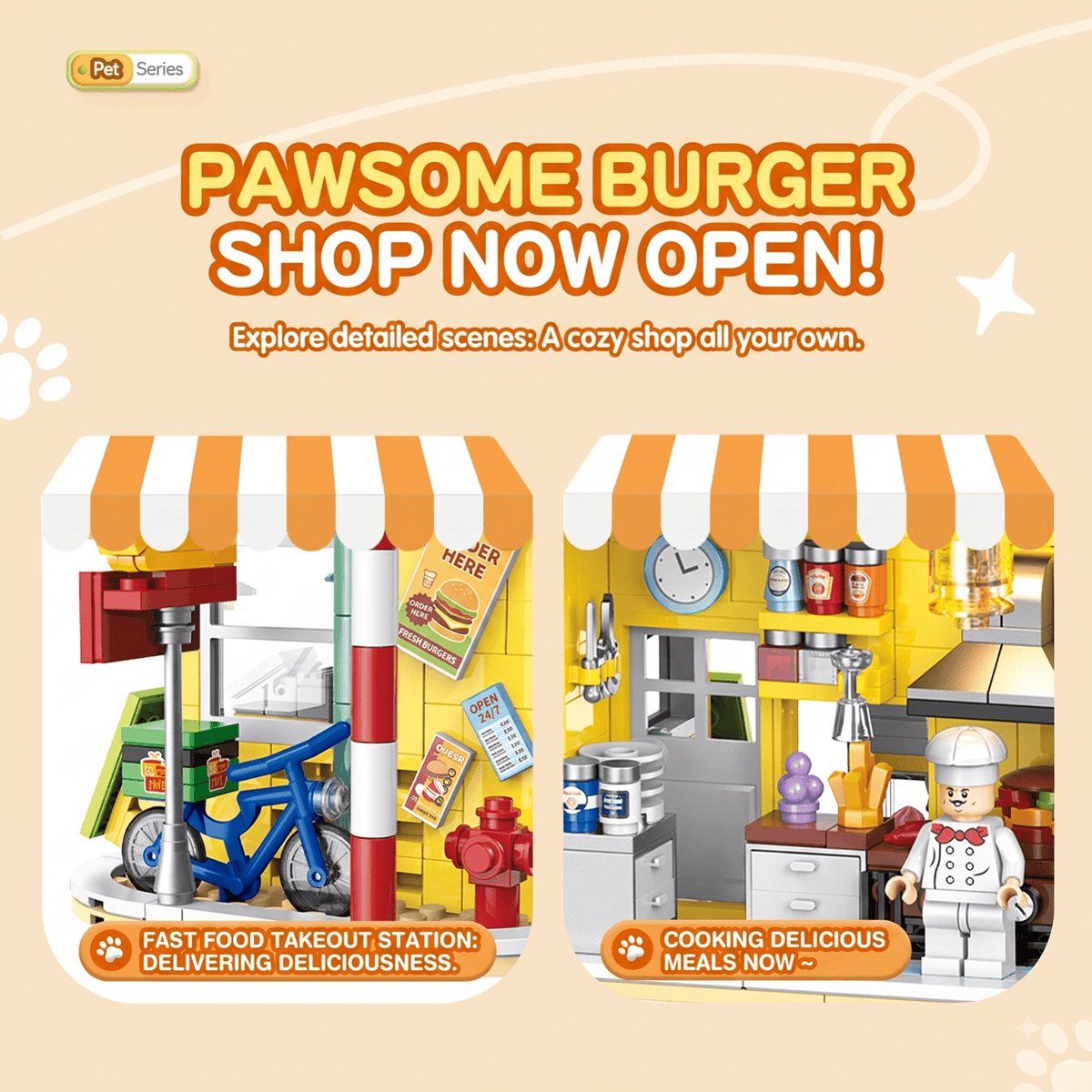 Cat Burger Shop Modular Street-View Building Set | Mechanical Building Kits | BrickRoyal