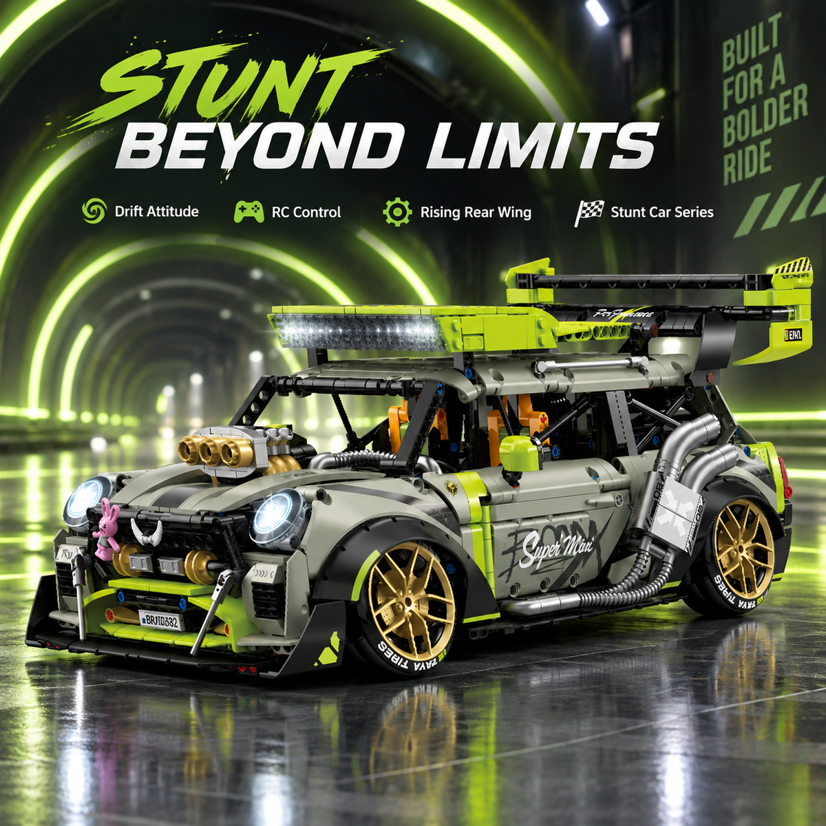 1:10 Wide-Body Drift Stunt Car Building Set — Army Green