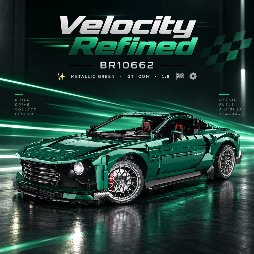 Adult builder assembling the racing green GT supercar
