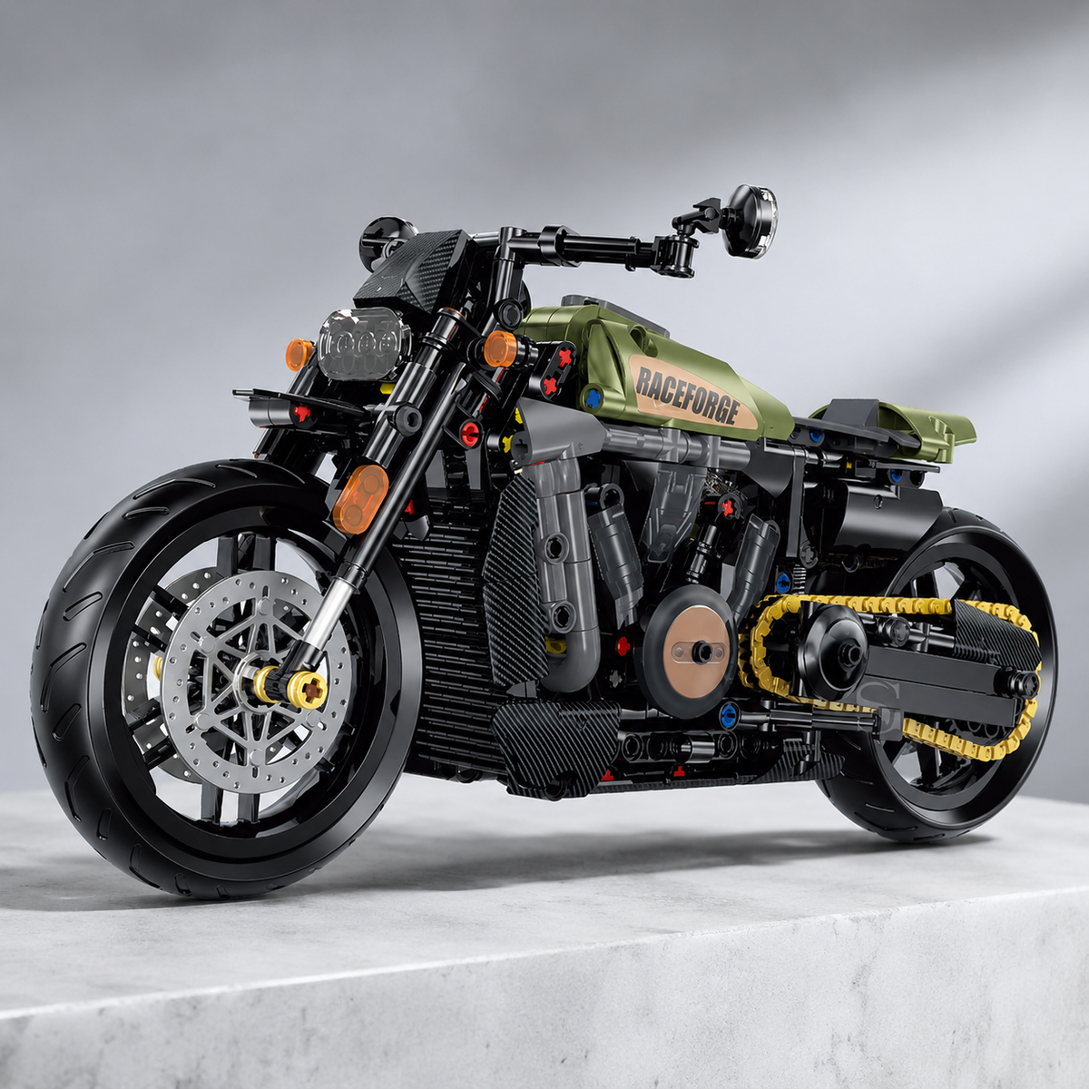1:8 Military-Green Retro Cruiser Motorcycle Building Kit