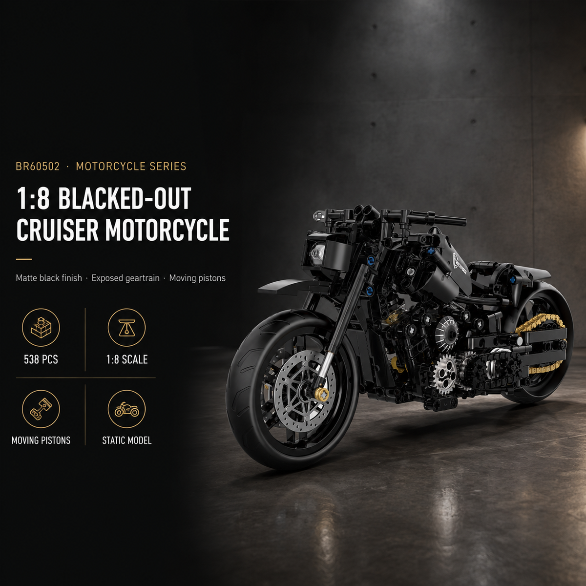 1:8 Blacked-Out Cruiser Motorcycle Building Kit