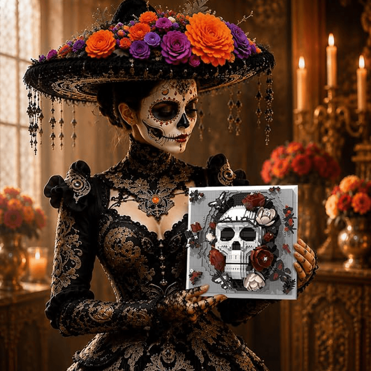 Where Gothic Art Blooms: Skull & Rose 3D Brick Wall Art | Mechanical Building Kits | BrickRoyal