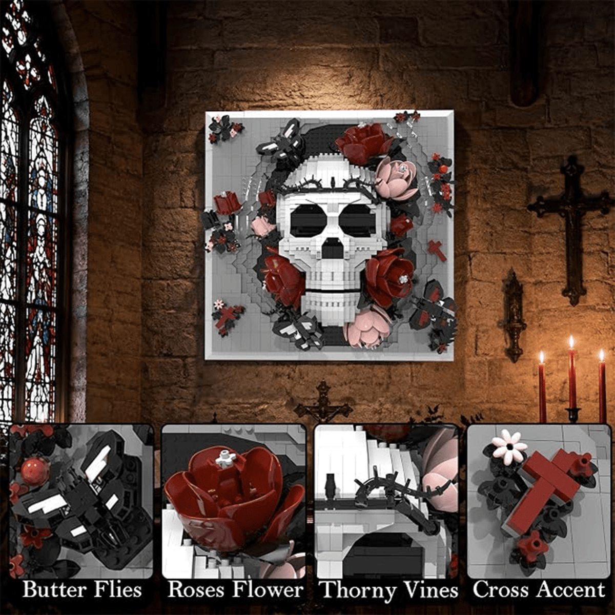 Where Gothic Art Blooms: Skull & Rose 3D Brick Wall Art | Mechanical Building Kits | BrickRoyal