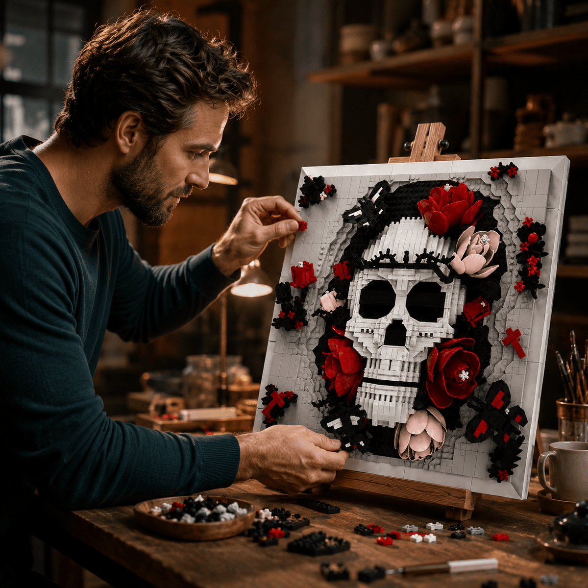 Where Gothic Art Blooms: Skull & Rose 3D Brick Wall Art | Mechanical Building Kits | BrickRoyal