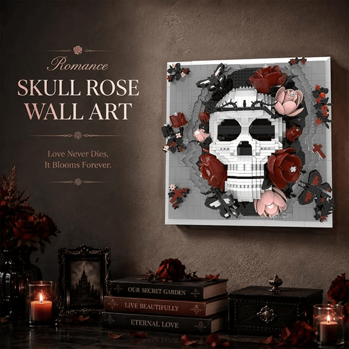 Where Gothic Art Blooms: Skull & Rose 3D Brick Wall Art | Mechanical Building Kits | BrickRoyal